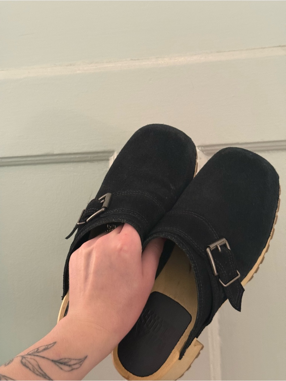 Black Suede Square Toe Clogs with Buckle - Picture 2 of 5